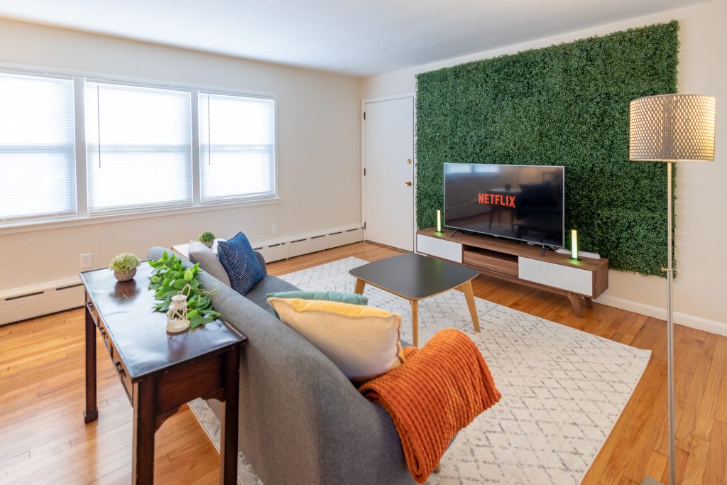 Huge living room with a 55" smart TV, comfy sofa, workspace, and ample storage