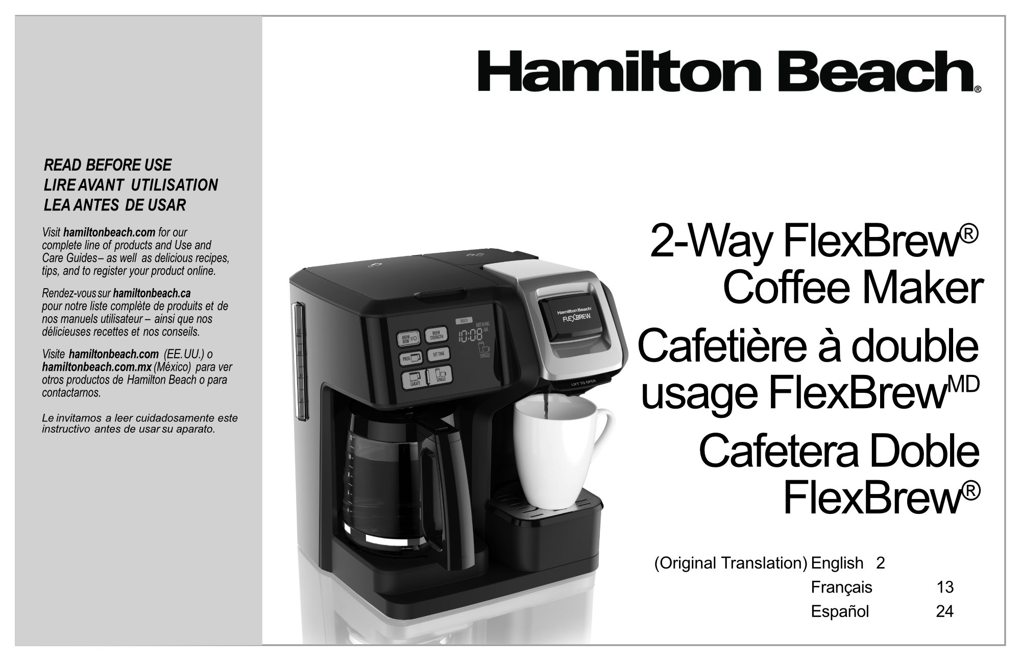 Hamilton Beach FlexBrew CoffeeMaker instructions cover