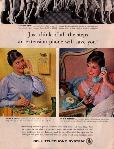 Bell System early magazine ad for wall-mounted kitchen phone and bedside trimline phone