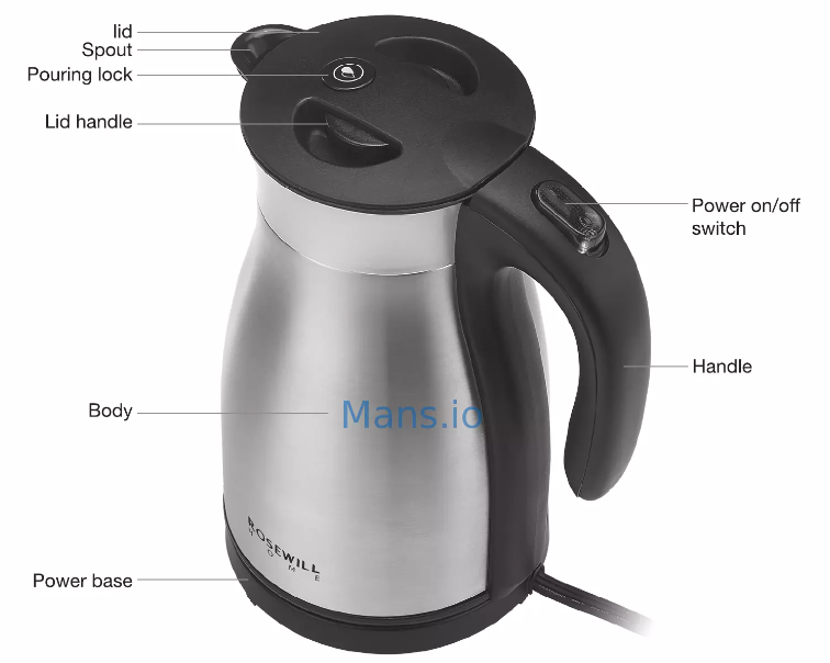Diagram showing the various parts of the Rosewill electric kettle