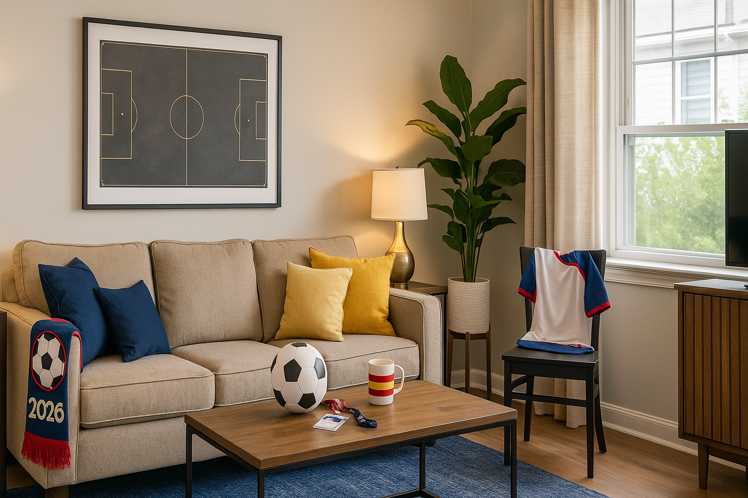 Furnished living room with soccer-themed decor prepared for FIFA World Cup workforce guests.